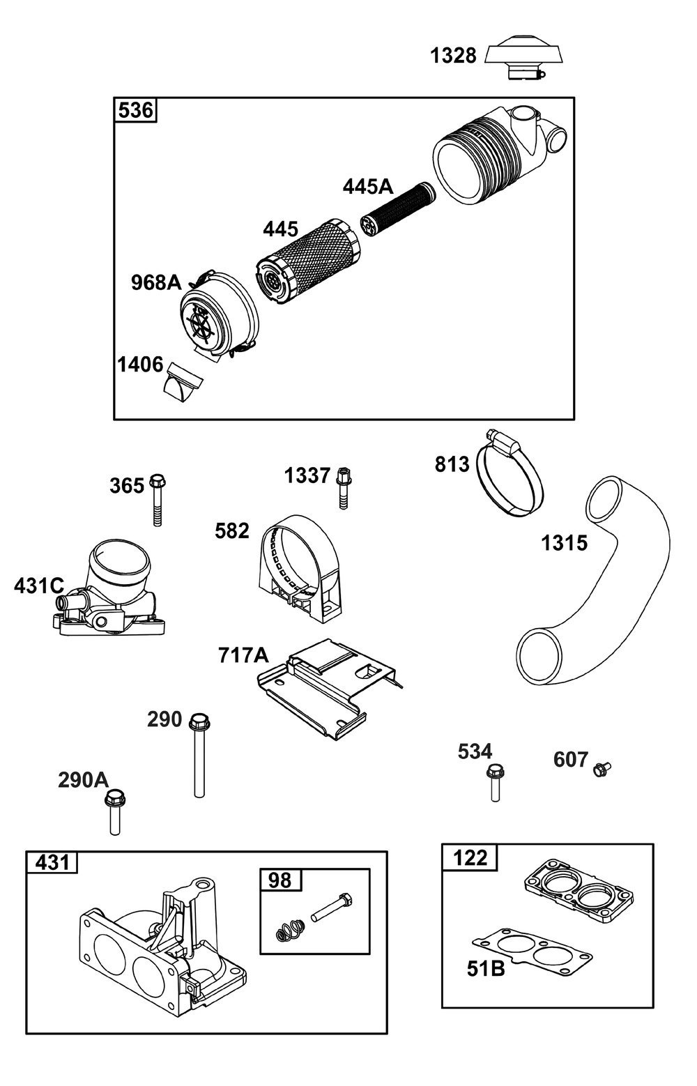 Air Cleaner Group Diagram and Parts List for 613477-4212-J1 400000 - 699999 Briggs and Stratton Engine